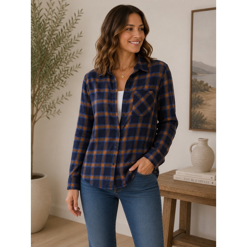 Eddie Bauer Womens Navy Blue Orange Plaid Flannel Button Down Shirt Size S 1227